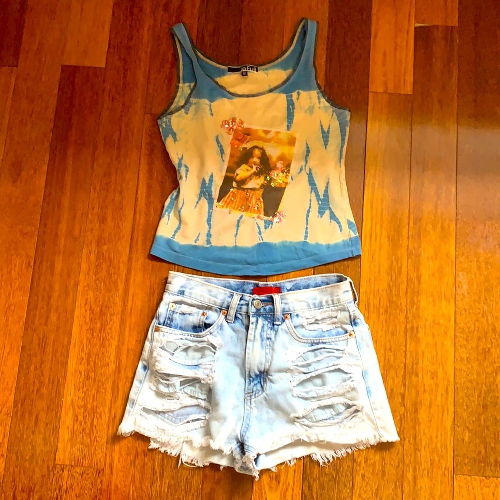 Embellished tank top and destroyed  denim shorts